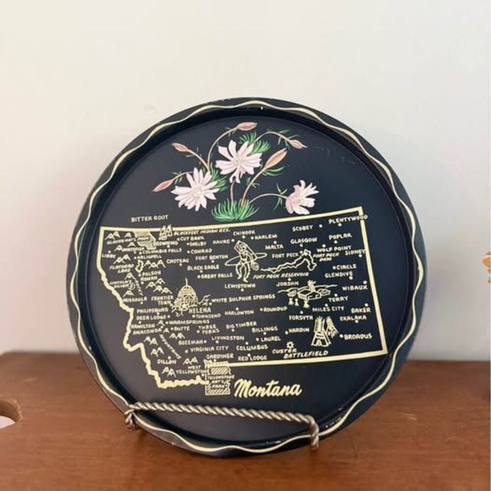 Montana State Display Tray BITTER ROOT CITIES NOTES -10” + 1960’s Plate Black Ta